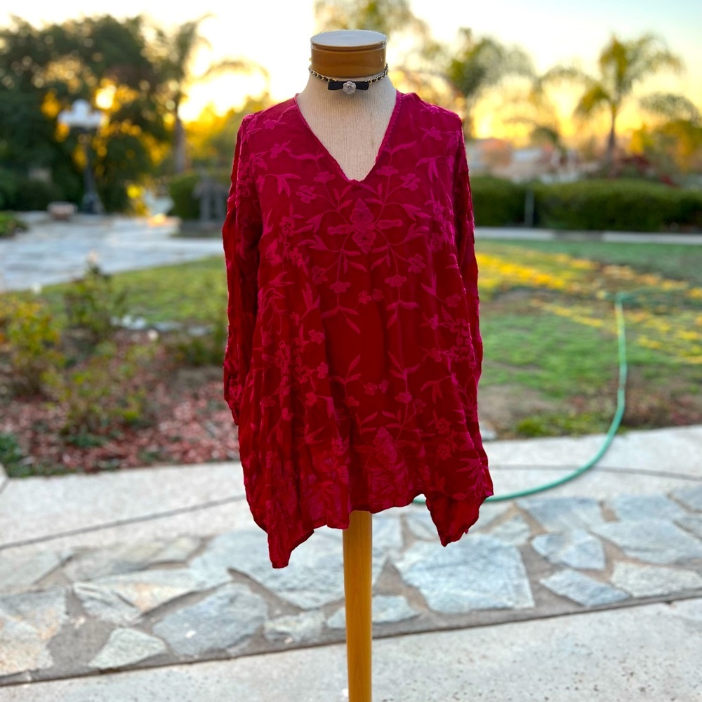 Johnny Was Red Pink floral embroidered blouse